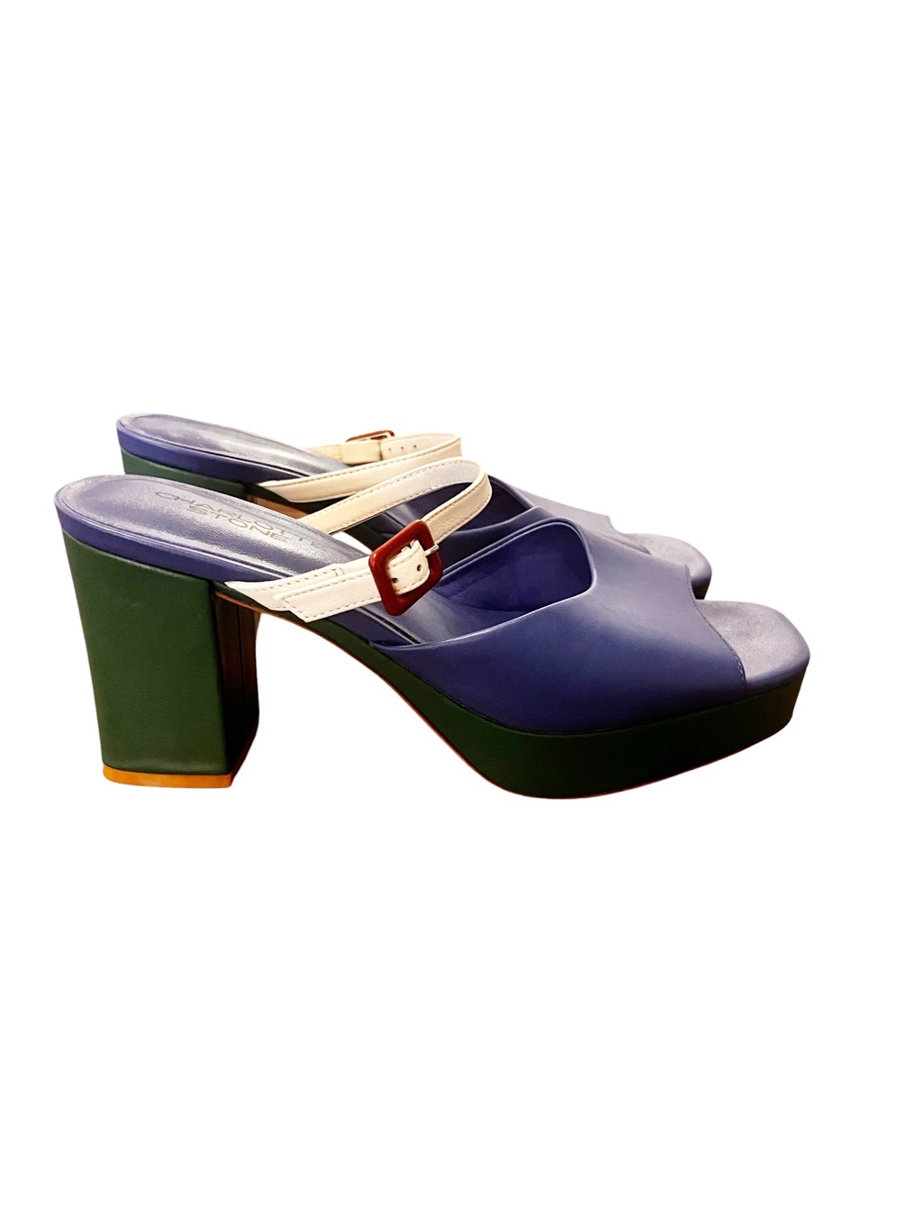 Charlotte Stone Babette Royal Multi Green Blue Leather Platform Mules Size 9